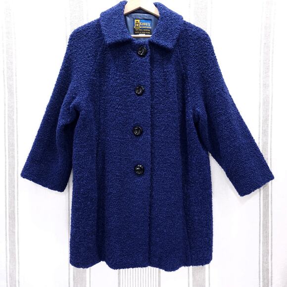 VINTAGE 60s Wool Coat Womens Large Royal Blue Boucle Mod Squad Twee‎ Jackie O - Picture 1 of 10